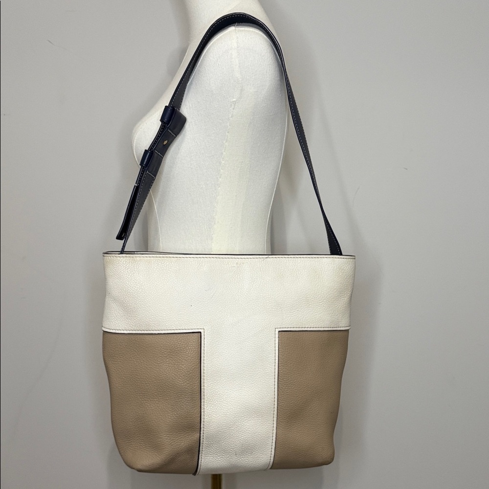 Tory Burch Pebbled Leather Tote – Neutral Colorblock – Shoulder Bag